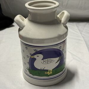 Vintage Duck Milk Can Vase Blue White Ceramic Country Farmhouse Cottage Decor